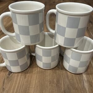 Set of 5 Marimekko Oy Blue Gray Checkered Coffee Mugs By Pfaltzgraff Vintage